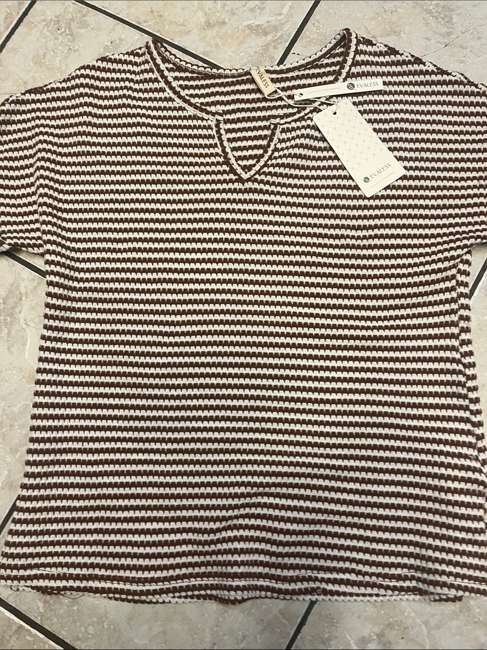 EVALESS Brown/cream Striped Short-Sleeve Knit Top S NWT